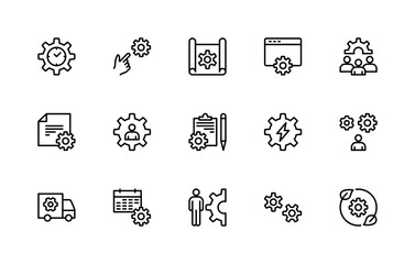 Gears and cogwheels vector linear icons set. Isolated icon collection such as gear, time, automation, technology and more.