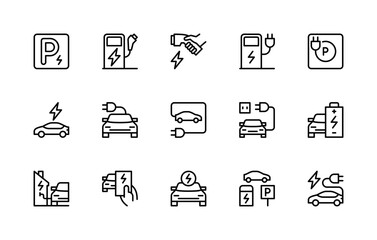 Car charging station vector linear icons set. Isolated icon collection such as parking, green energy, charging icon, hand and more.