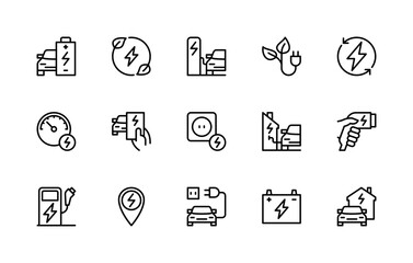 Car charging station vector linear icons set. Isolated icon collection such as car, battery, green energy, electric vehicle and more.