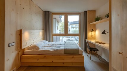 Functional Nordic Bedroom with Wooden Bedframe and Minimalist Workspace