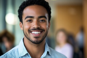 Obraz premium A smiling young man in a casual setting, radiating positivity and confidence, representing the essence of youthfulness, connection, and the vibrancy of modern life.