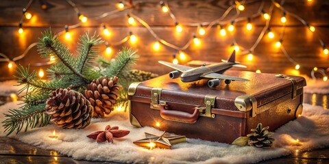 A Charming Scene of a Miniature Airplane on a Vintage Suitcase Surrounded by Pine Cones and Twinkling Lights, Capturing the Spirit of Adventure and Nostalgia in Conceptual Photography