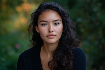 Fototapeta premium A striking portrait of a young woman with wavy hair in a lush green setting, highlighting natural beauty and serenity in a moment of peace and reflection.