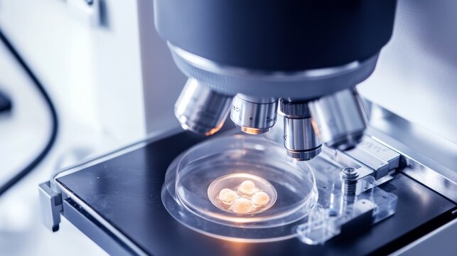 A reproductive biologist conducting in vitro fertilization (IVF) procedures in a fertility clinic laboratory, with IVF equipment and embryonic development visible under a microscope