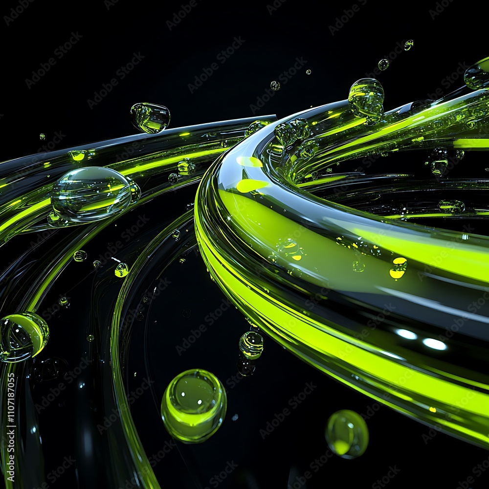 Poster abstract design featuring green and yellow curved lines with spherical elements on a dark background