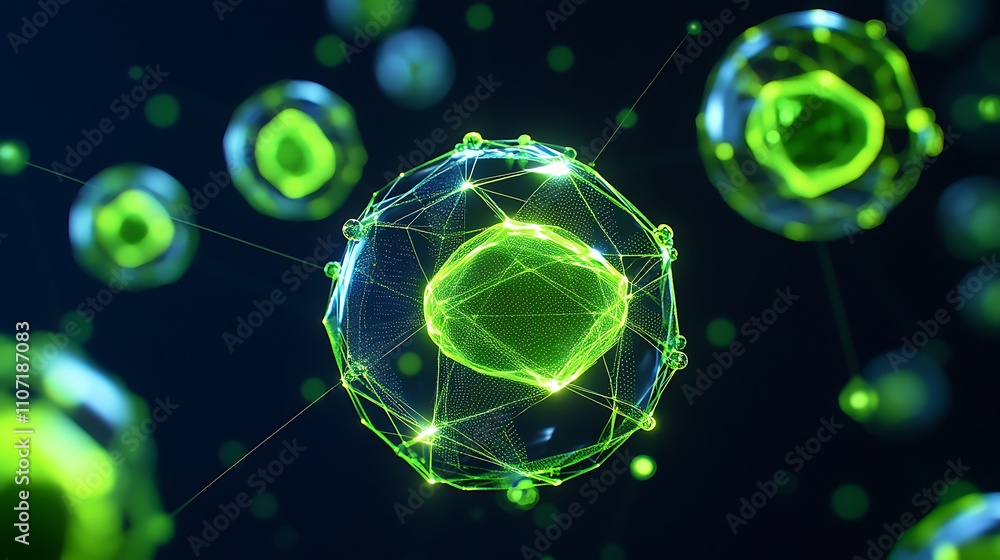 Poster abstract depiction of glowing green molecular structures and interconnected cells in a dark scientif
