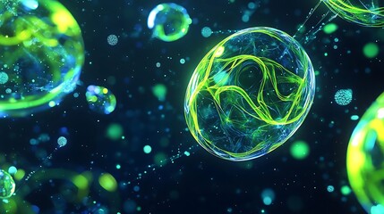 Fototapeta premium Abstract depiction of glowing cells with vibrant colors and light effects on a dark background