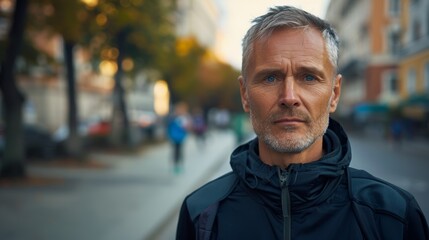 Fototapeta premium The image depicts a middle-aged man with short gray hair and blue eyes wearing a black jacket with zipper and a hood standing on a city Street.