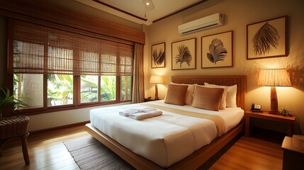 Fototapeta premium Serene Tropical Retreat with Woven Details and Palm Leaf Decor