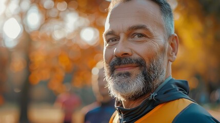 Obraz premium A middle-aged man with a beard and mustache dressed in a blue and Orange jacket stands in front Of a blurred background Of autumn leaves and trees.