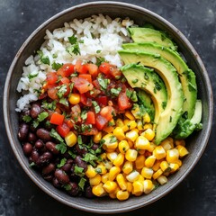 Vegan Burrito Bowl, A bowl filled with rice, black beans, corn, avocado, and a spicy salsa.