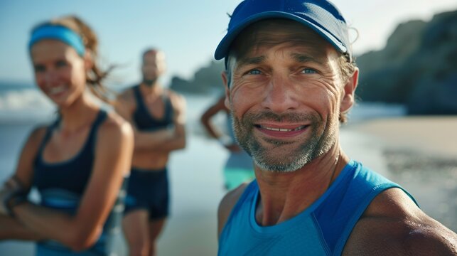 A close-up Of a man in a blue tank top and cap smiling at the camera with two people running On the beach in the background.