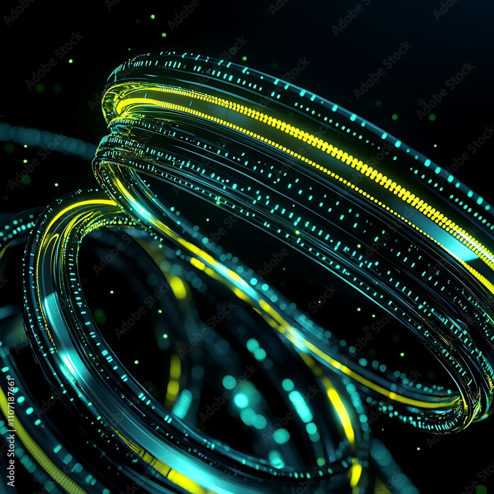 Poster Abstract digital background with glowing circles and colorful lines creating a dynamic visual effect