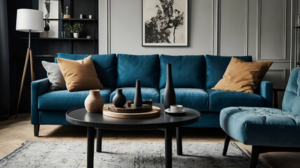 "Japandi Minimalist Living Room with Blue and Beige Seating", 
Japandi style, minimalist interior, modern living room, blue armchair, beige armchair, blue sofa, beige sofa, cozy seating, neutral tones