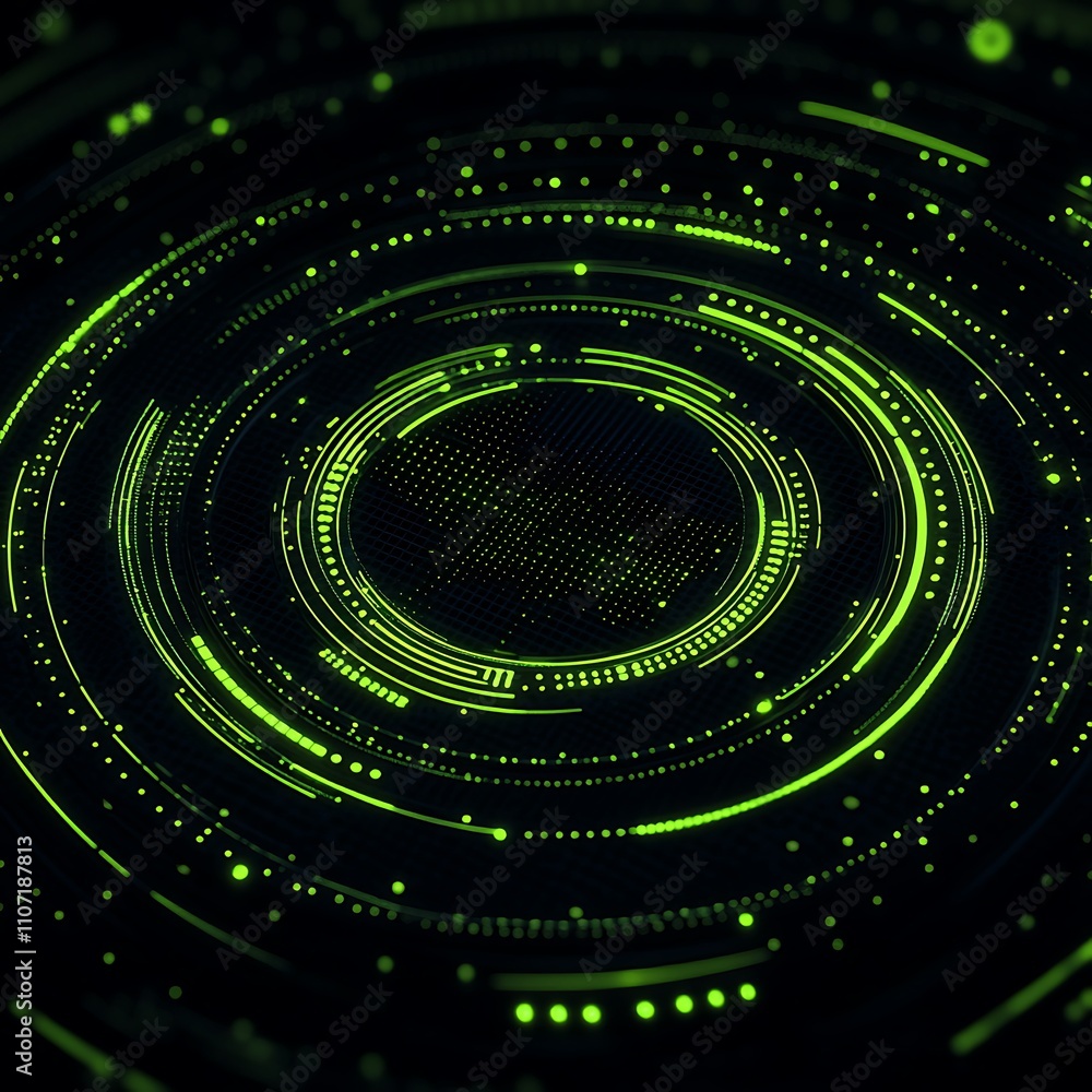 Poster abstract digital background with green circular patterns and dots representing technology and innova