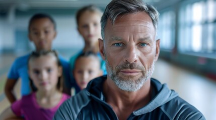 Fototapeta premium A middle-aged man with his arms crossed standing in front Of a group Of children in a classroom setting.