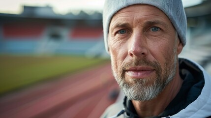 A close-up portrait Of a man with a gray beard wearing a gray beanie and a white jacket set against a blurred background Of a red track and field stadium.