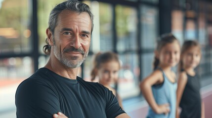 Fototapeta premium A middle-aged man coach with graying hair dressed in a black T-shirt stands in a gym setting with his arms crossed and a confident expression in the background with three young girls