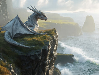 majestic dragon rests on cliff, overlooking vast, misty sea with serene expression. scene captures rugged coastline and dragon intricate scales