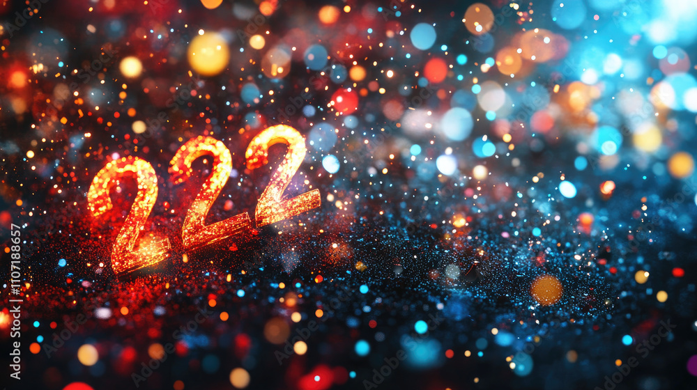 Poster vibrant and sparkling 222 with colorful bokeh lights in the background, creating a festive and celeb