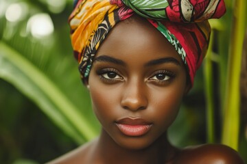 Naklejka premium A stunning young girl with a colorful head wrap gazes confidently at the camera, celebrating culture and beauty with her striking features and natural radiance.