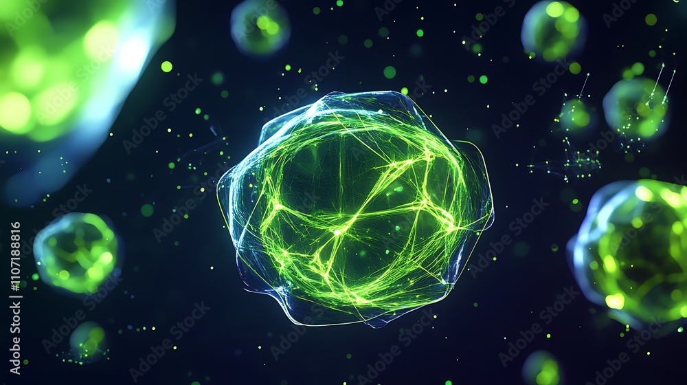 Poster abstract digital illustration of green microbial cells floating in dark space with luminous particle