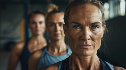 Obraz premium Three Women in Gym Attire Focused Expression Studio Setting.