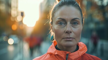 Naklejka premium A woman in an orange jacket stands in a city setting bathed in warm sunlight.