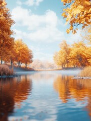 Obraz premium A beautiful shot of autumn park with the reflection of golden trees on the surface of a lake