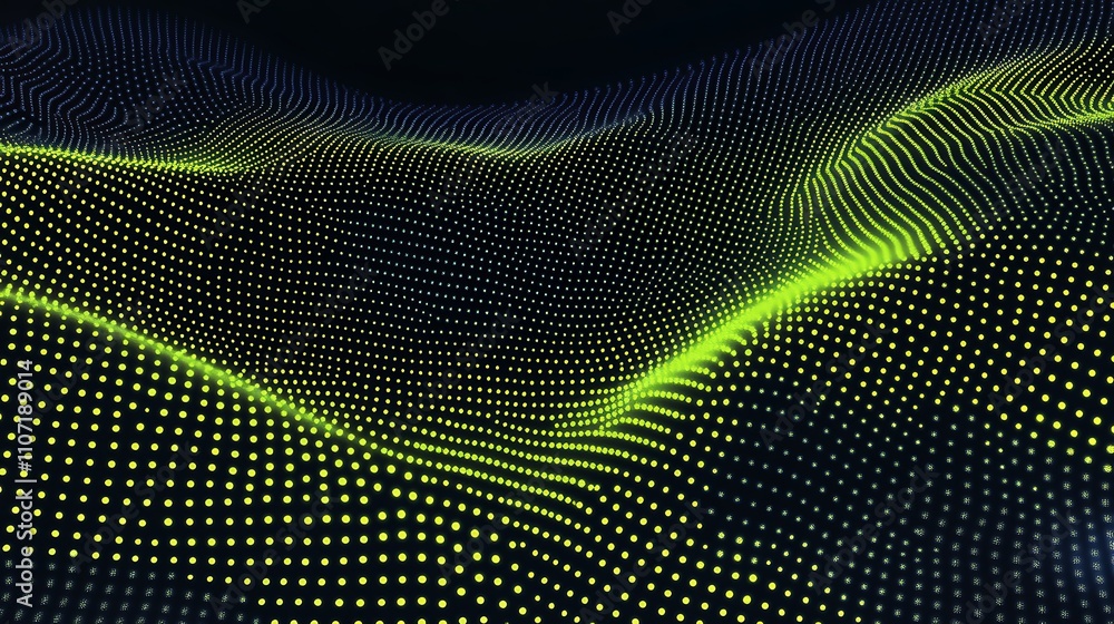 Poster abstract digital landscape with glowing green dots forming wavy patterns on a dark background