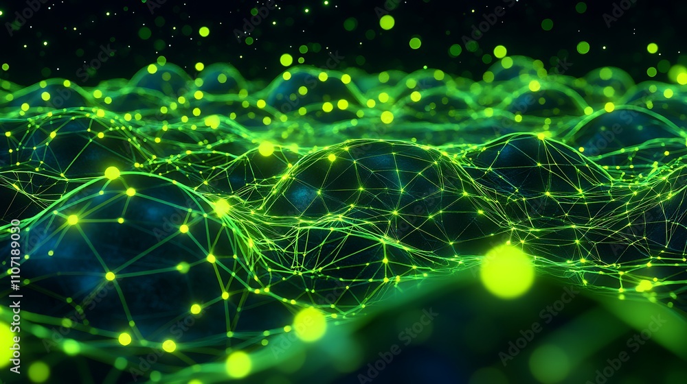 Poster abstract digital landscape with glowing green lights and interconnected nodes in an immersive visual