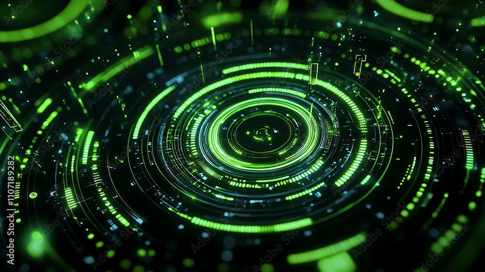Poster Abstract digital pattern with green glowing circles and lines creating a futuristic technology background
