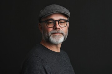 Fototapeta premium A distinguished older man with a stylish cap and glasses looks confidently at the camera, showcasing his wisdom and charm against a dark background for a strong presence.