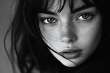 Fototapeta premium A stunning young woman with striking features is captured in black and white, highlighting her captivating eyes and freckles while conveying raw beauty and emotion.