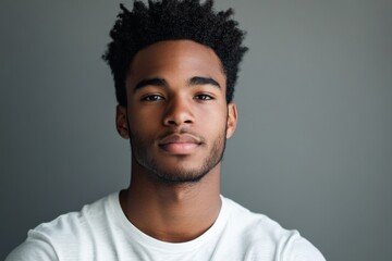 Fototapeta premium A confident young Black man with natural hair and a neutral expression poses against a simple backdrop, capturing the essence of strength, self-assuredness, and modern aesthetics.