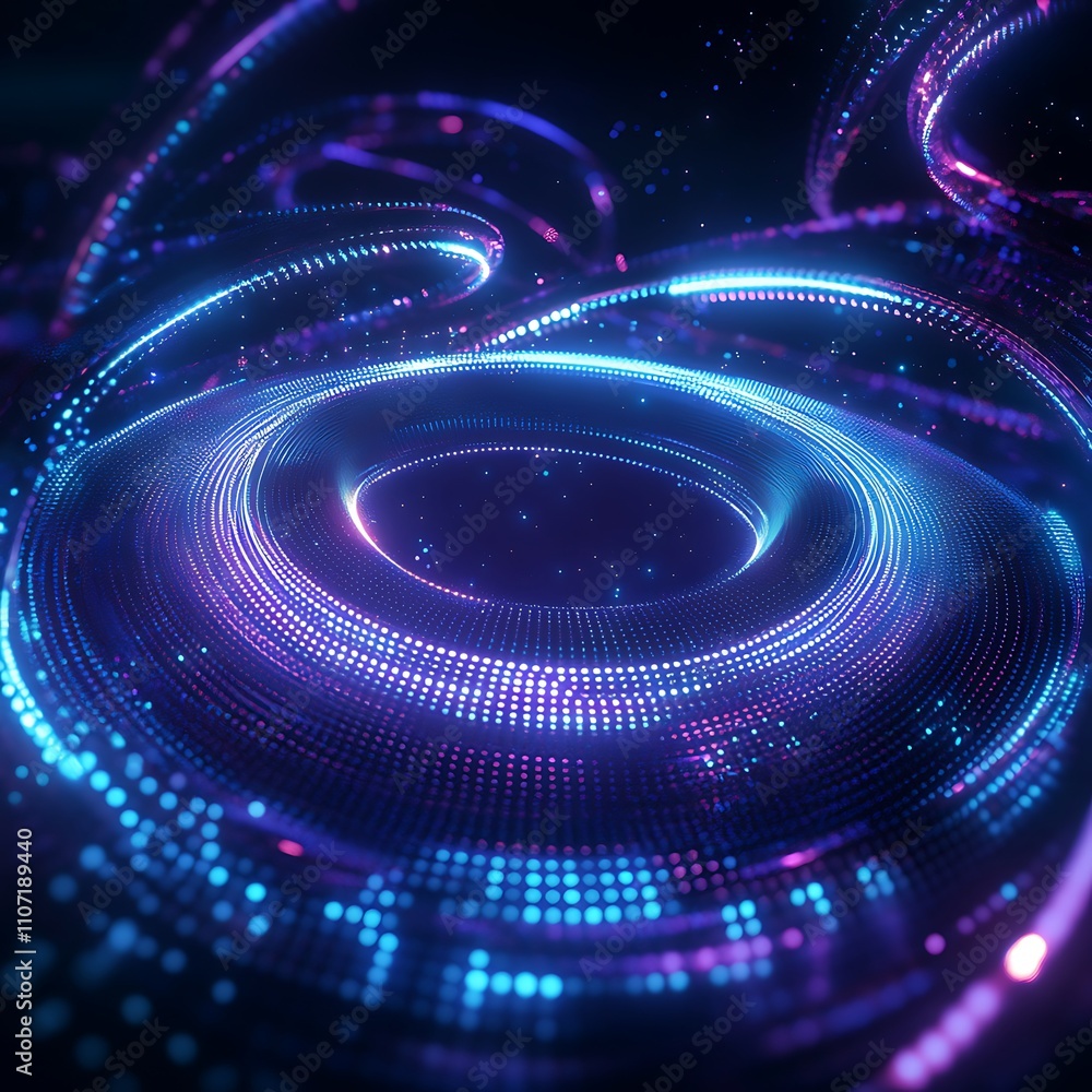 Poster abstract digital swirl with glowing particles and vibrant light patterns in a futuristic cosmic spac
