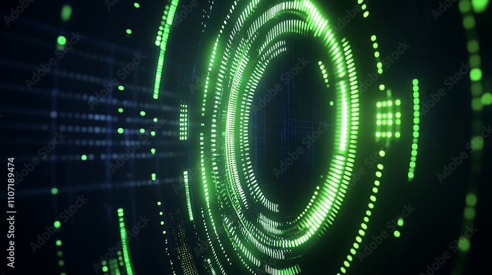 Poster abstract digital technology background with glowing green circles and lines in a futuristic design