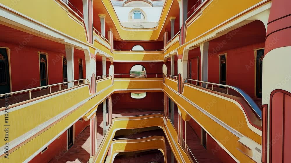 Poster colorful architectural design of a multi-level building in a vibrant urban setting during daylight