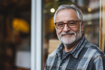 Obraz premium A cheerful senior man wearing glasses and a plaid shirt, standing in an outdoor setting, exuding friendliness and approachability while radiating a sense of joy.