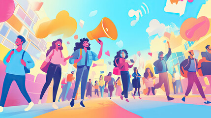 A diverse group of young people celebrating and expressing their voices in a vibrant urban setting.
