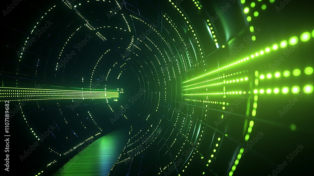 Poster abstract digital tunnel with glowing green lights and illuminated patterns representing futuristic t