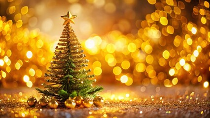 Unique Tilt-Shift Photography of a Stunning Golden Christmas Tree Isolated Against a Softly Blurred Background, Capturing the Magic of the Holiday Season in a Whimsical Way