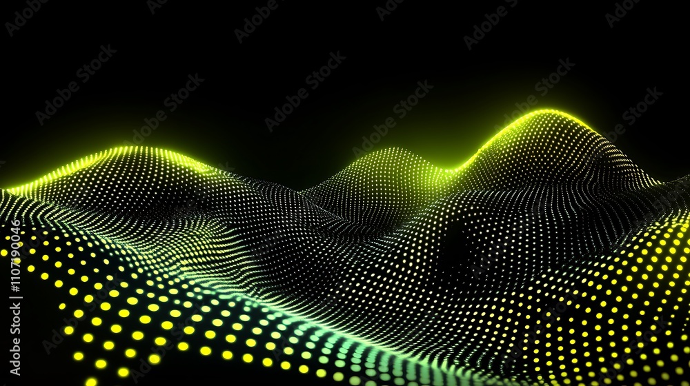 Poster abstract digital waveform with green and yellow dots in a modern futuristic background for technolog