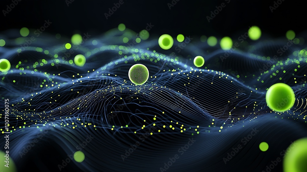 Poster abstract digital waves with glowing green spheres and particle effects in a dark background