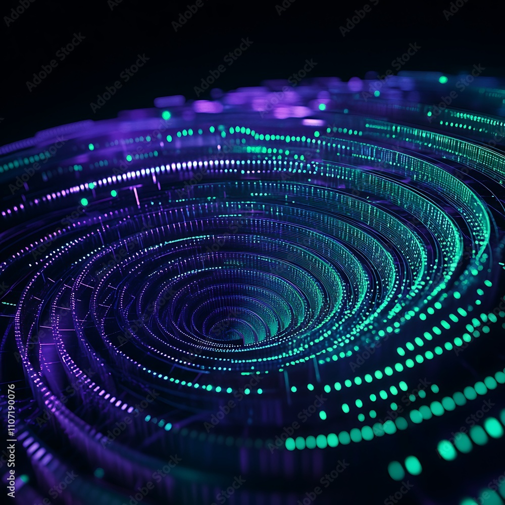 Poster abstract digital waves in purple and green colors creating a sensational spiral pattern in a futuris