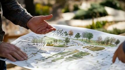 A landscape architect presenting design ideas to a client, using visual aids and plans to illustrate concepts