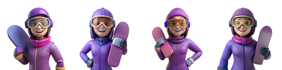 Set Cut out 3D portrait cartoon Snowboarder smiling happy woman wear purple suit goggles hat ski jacket isolated on white transparent background. Winter sport hobby concept.