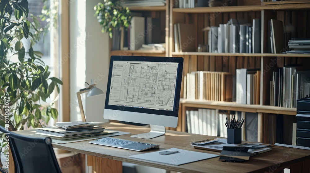 Poster a minimalist architect office setup featuring a large desk, computer, and design books neatly arrang