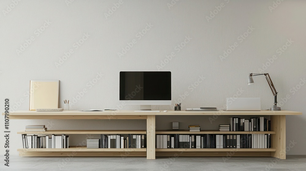 Poster a minimalist architect office setup featuring a large desk, computer, and design books neatly arrang