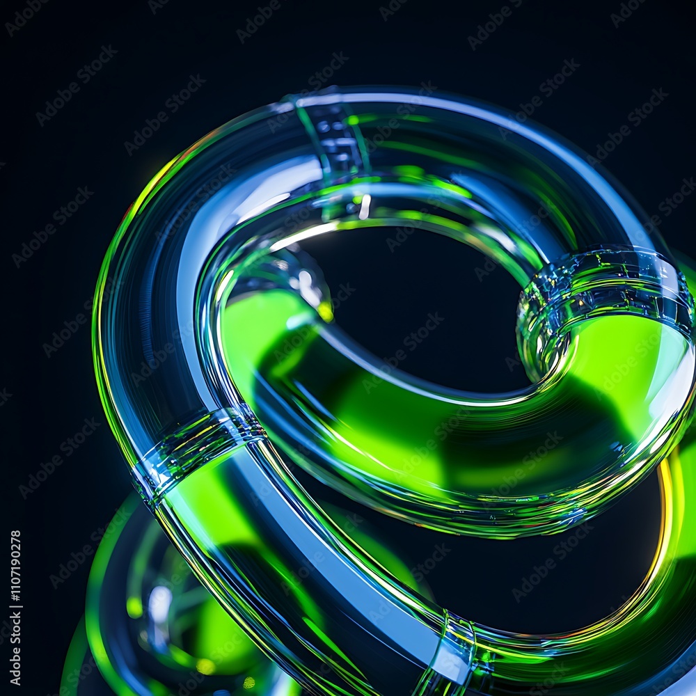 Poster abstract fluid design with transparent curves and vibrant green color on dark background